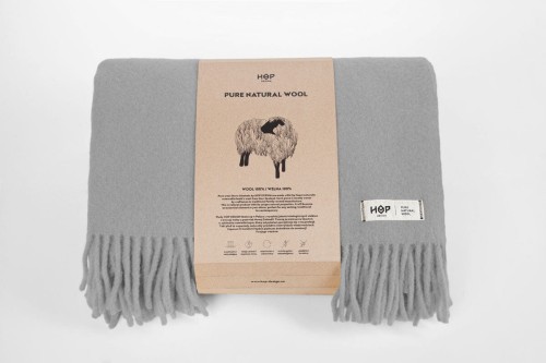 Koc wełniany jasny szary YETI 100% wełna z Nowej Zelandii Hop Design