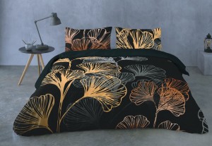 Pościel z bawełny egipskiej 160x200+2x70x80 Czarna Ginkgo Biloba 12 perkal Prestige 